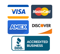 VISA logo, MasterCard Logo, American Express Logo, Discover Card Logo, Better Business Bureau logo
